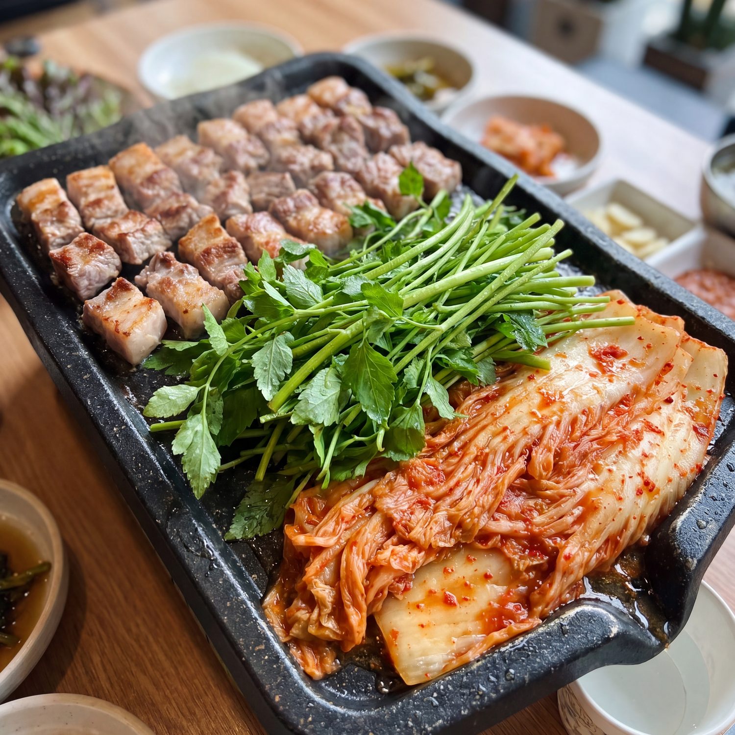 각진 검은 주물판에 구운 목살을 한 줄로 늘어놓고 그 옆에 미나리와 익은 배추김치를 함께 올린 한 상