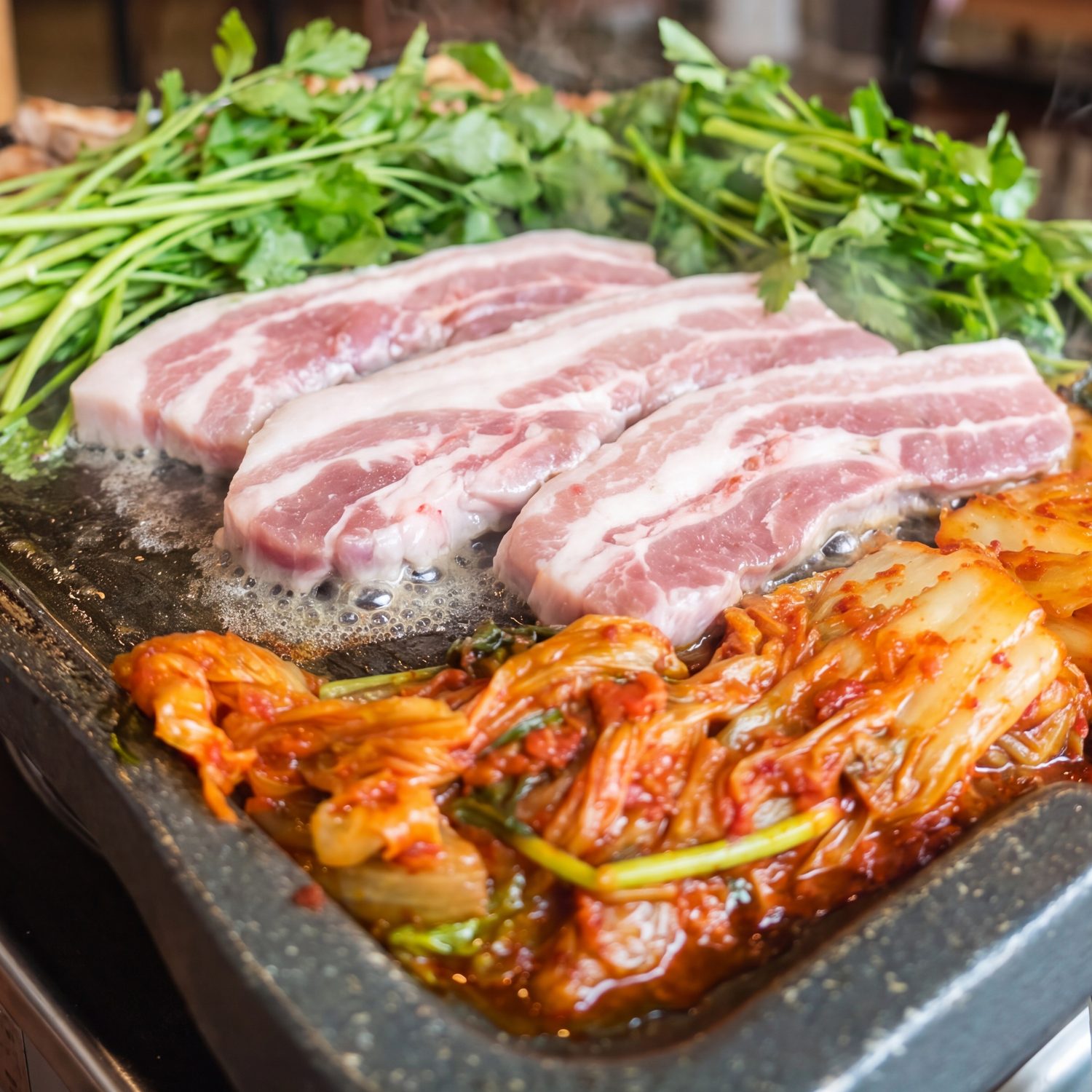 각진 검은 주물판 위에 삼겹살 세 줄이 올라가 있고 뒤로 미나리, 앞쪽에 익은 배추김치가 놓여 있다